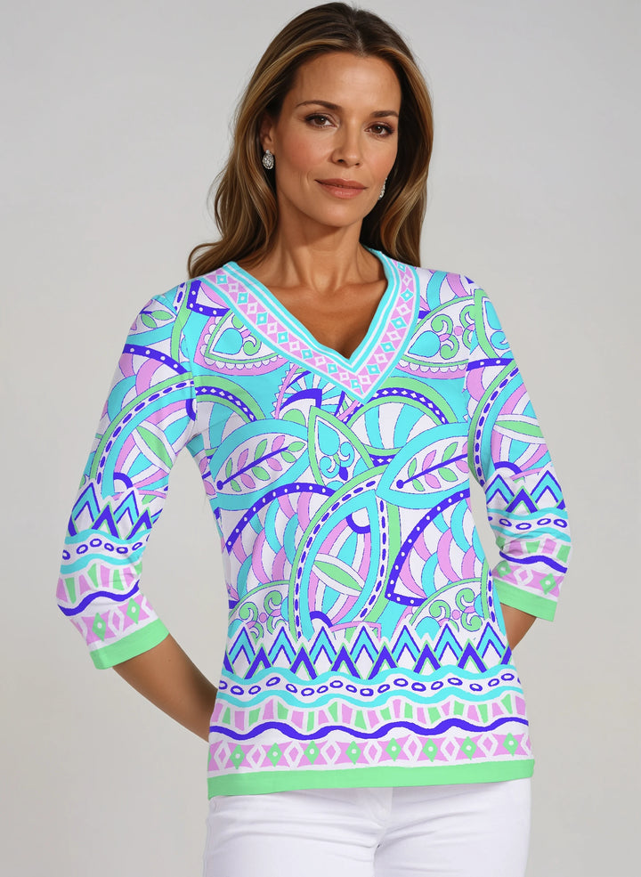 Valencia Print Cotton Knit 3/4 Sleeve V-Neck Top