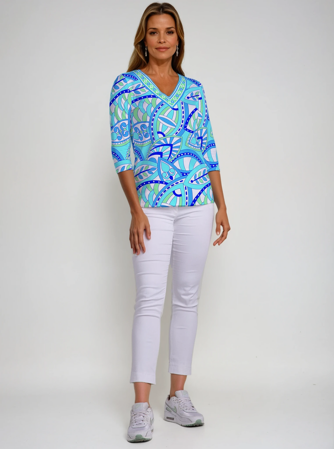 Valencia Print Cotton Knit 3/4 Sleeve V-Neck Top