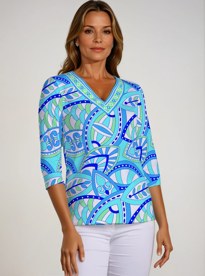 Valencia Print Cotton Knit 3/4 Sleeve V-Neck Top