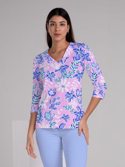 Paradise Island Print Cotton Knit 3/4 Sleeve V-Neck Top