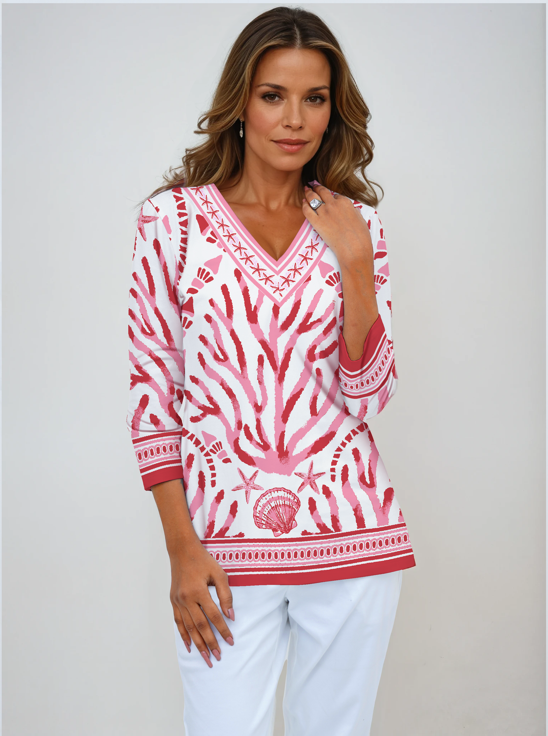 Coralia Print Cotton Knit 3/4 Sleeve V-Neck Top