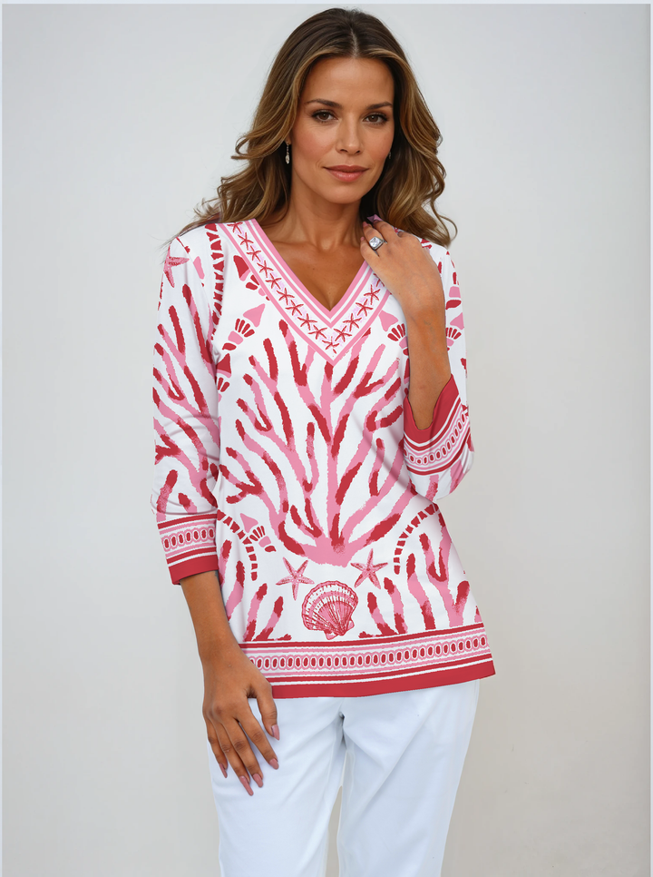 Coralia Print Cotton Knit 3/4 Sleeve V-Neck Top