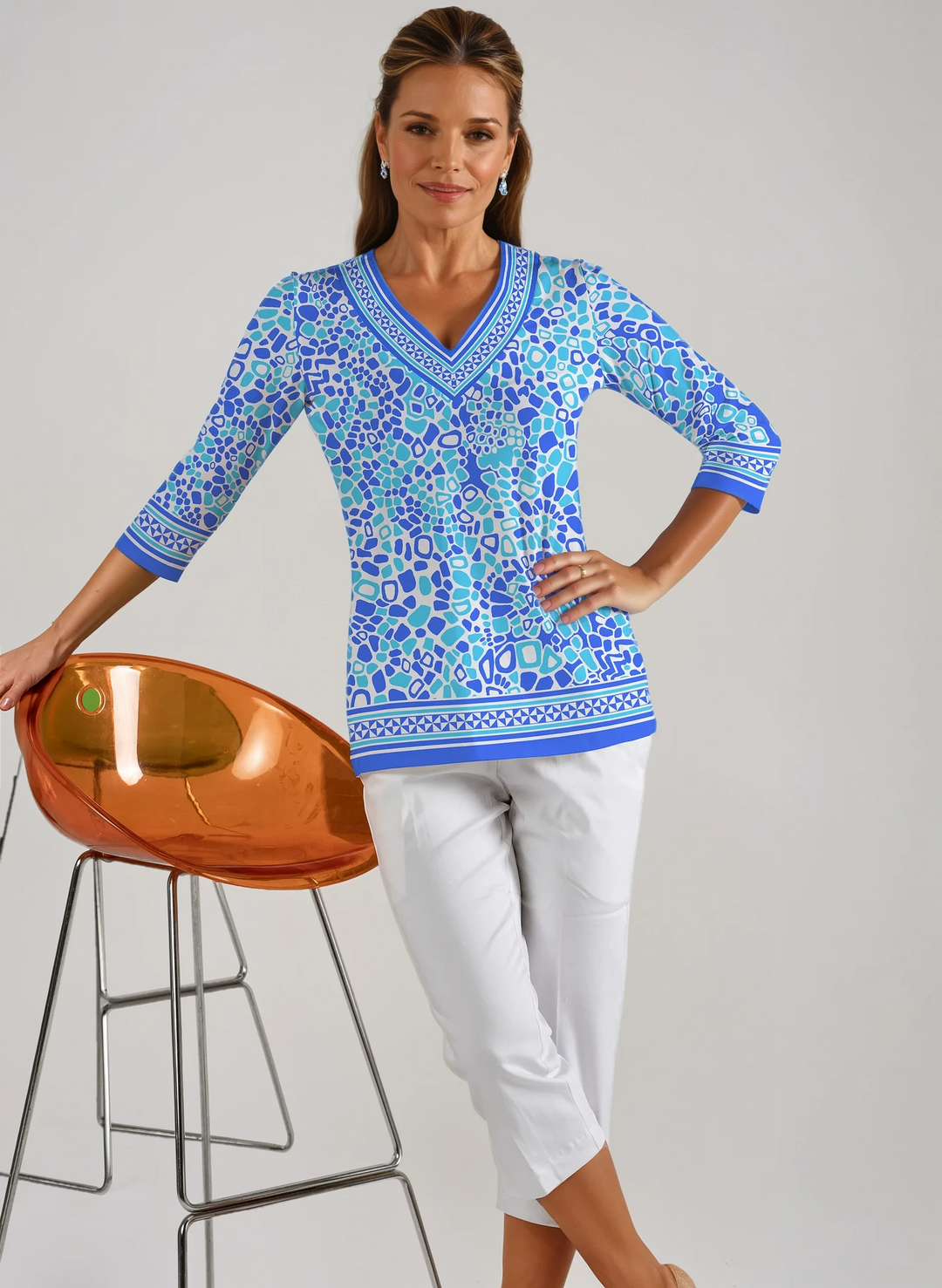 Celeste Print Cotton Knit 3/4 Sleeve V-Neck Top