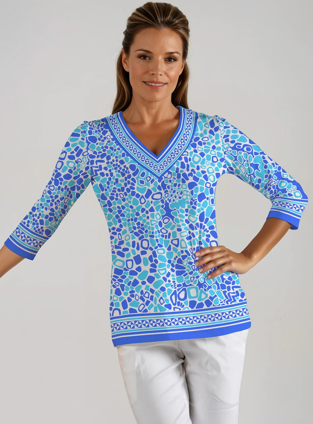 Celeste Print Cotton Knit 3/4 Sleeve V-Neck Top