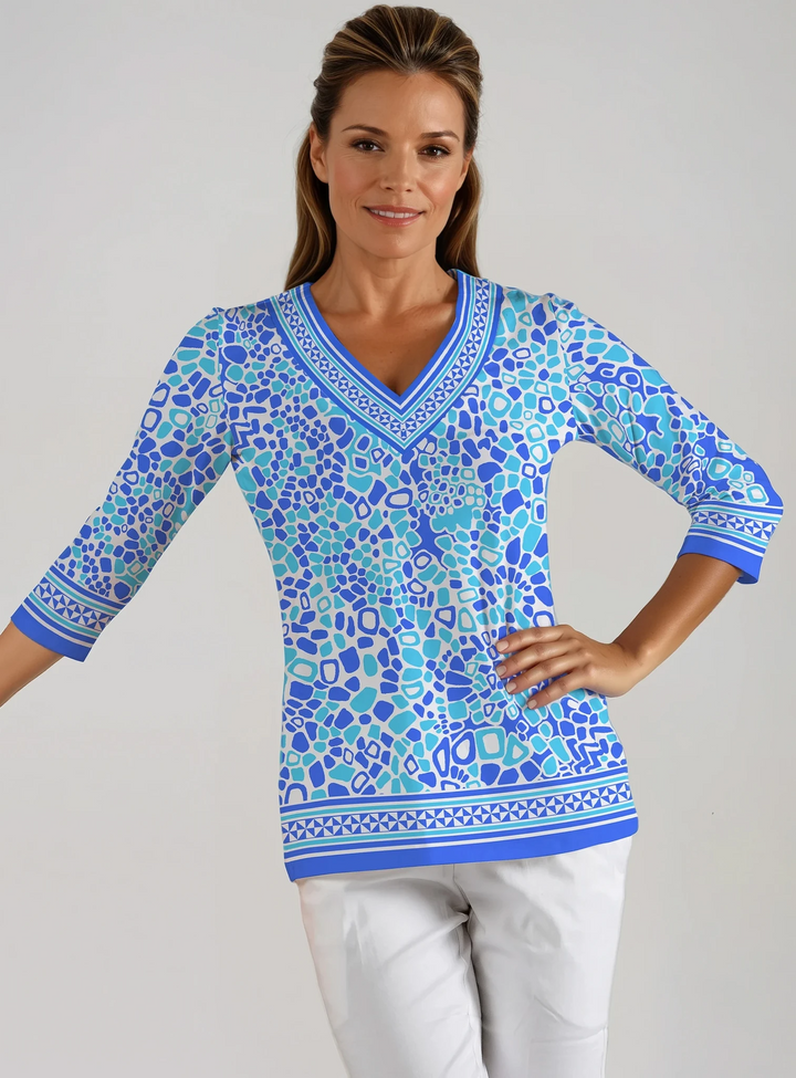Celeste Print Cotton Knit 3/4 Sleeve V-Neck Top