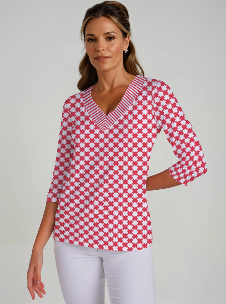 Checkboard Print Cotton Knit 3/4 Sleeve V-Neck Top