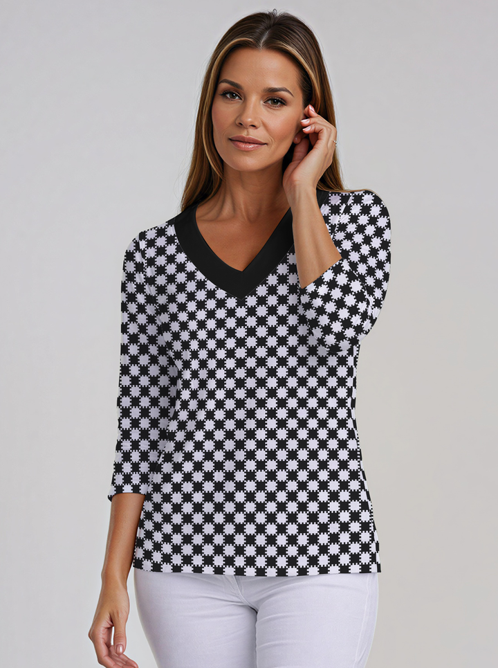 Checkboard Print Cotton Knit 3/4 Sleeve V-Neck Top