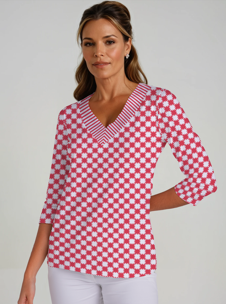 Checkboard Print Cotton Knit 3/4 Sleeve V-Neck Top