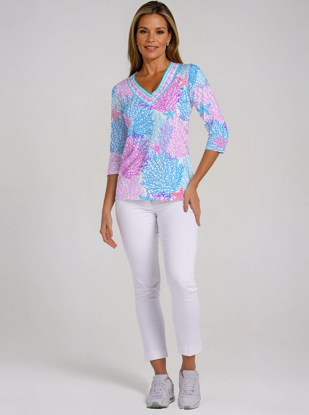 Bimini Dive Print Cotton Knit 3/4 Sleeve V-Neck Top