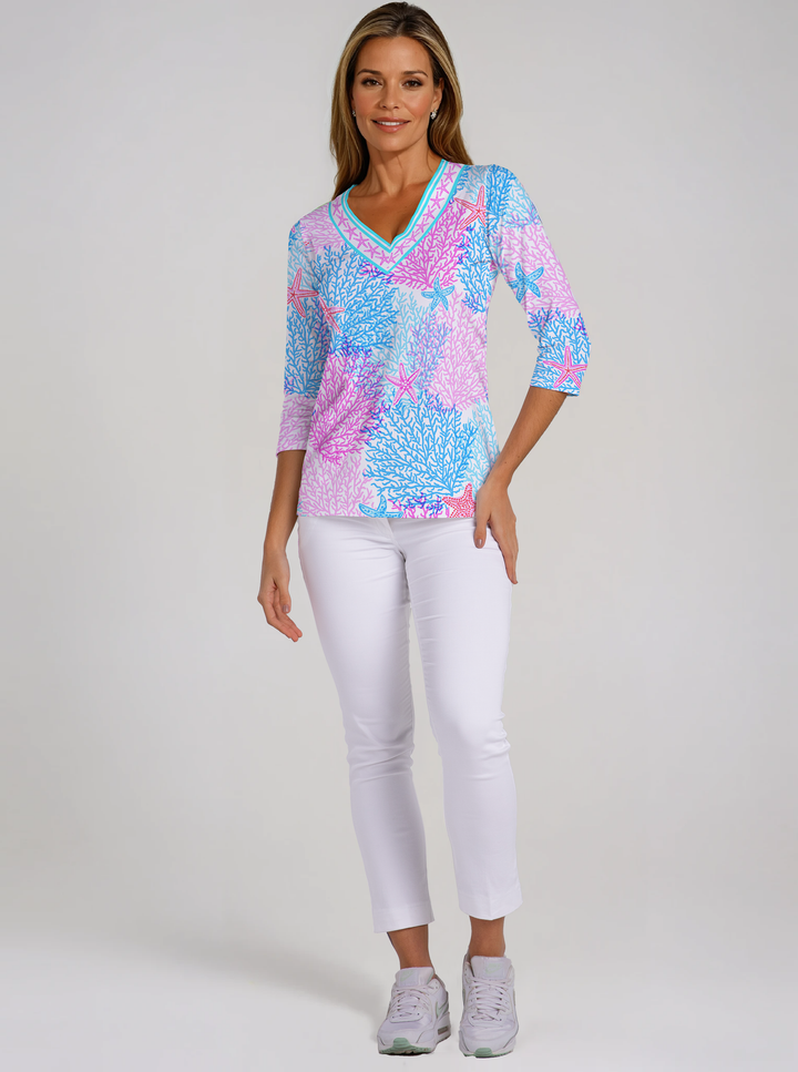 Bimini Dive Print Cotton Knit 3/4 Sleeve V-Neck Top