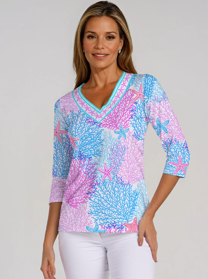 Bimini Dive Print Cotton Knit 3/4 Sleeve V-Neck Top