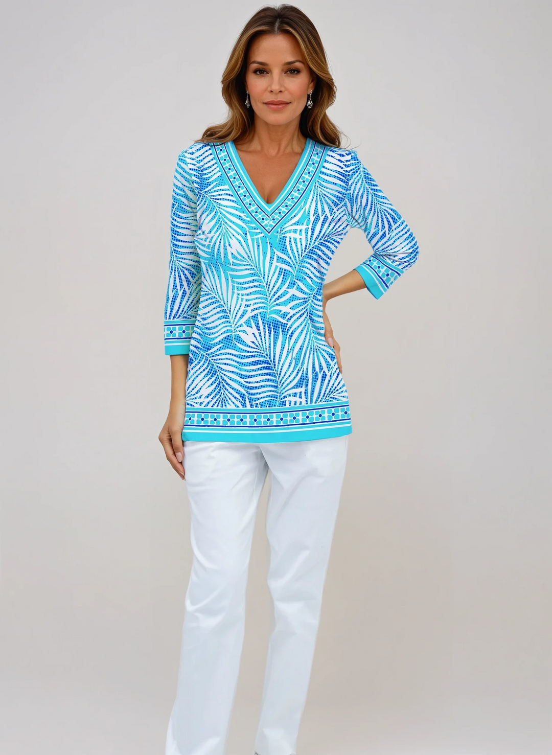 Kara Print Cotton Knit 3/4 Sleeve V-Neck Top