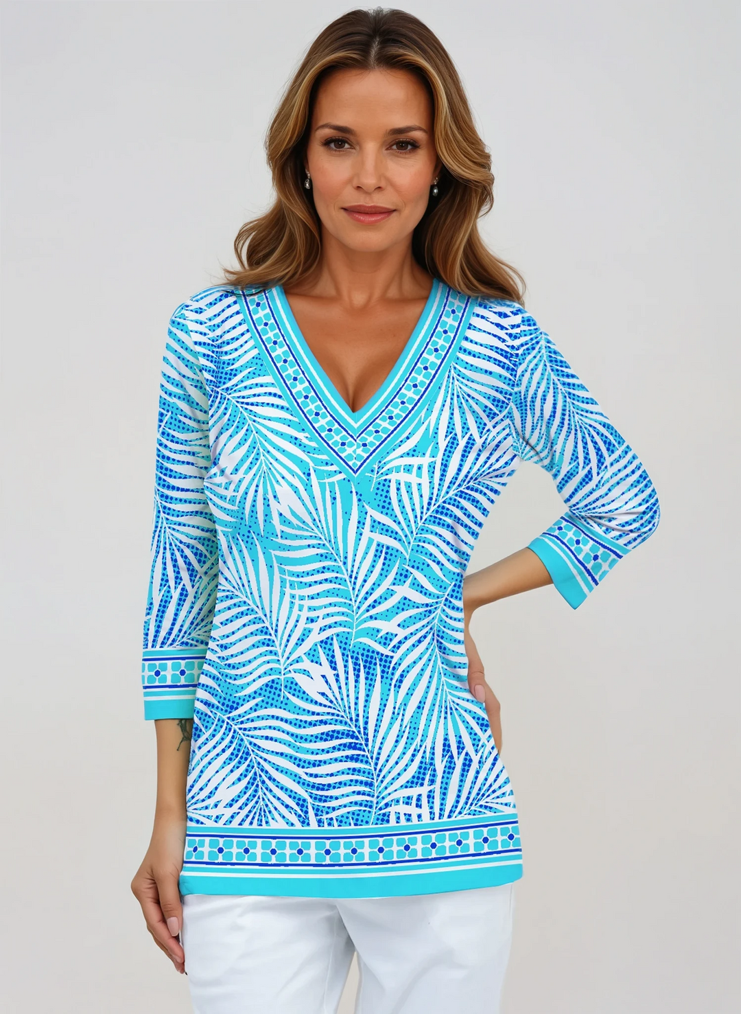 Kara Print Cotton Knit 3/4 Sleeve V-Neck Top