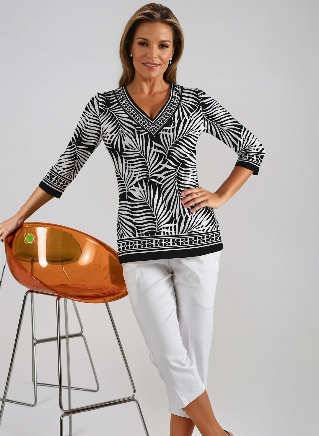 Kara Print Cotton Knit 3/4 Sleeve V-Neck Top