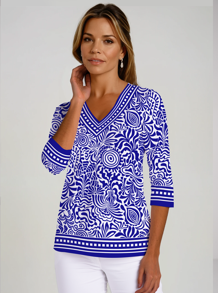 Artista Print Cotton Knit 3/4 Sleeve V-Neck Top