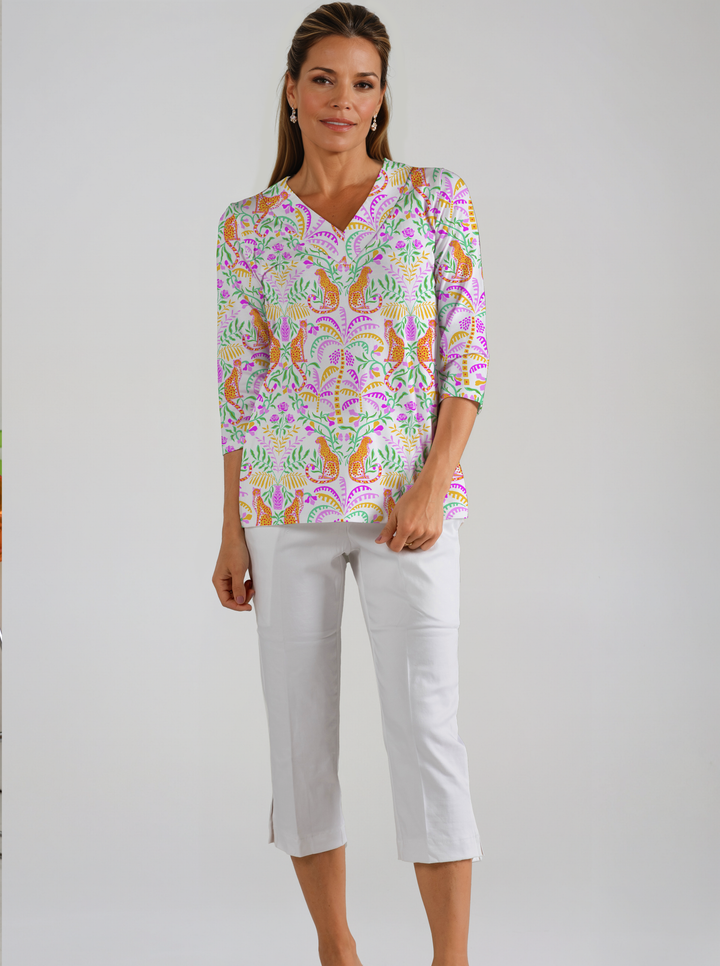 Cheetah in Bloom Print Cotton Knit 3/4 Sleeve V-Neck Top