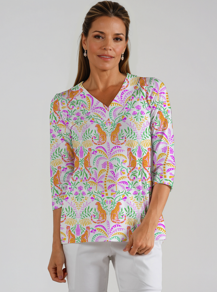 Cheetah in Bloom Print Cotton Knit 3/4 Sleeve V-Neck Top
