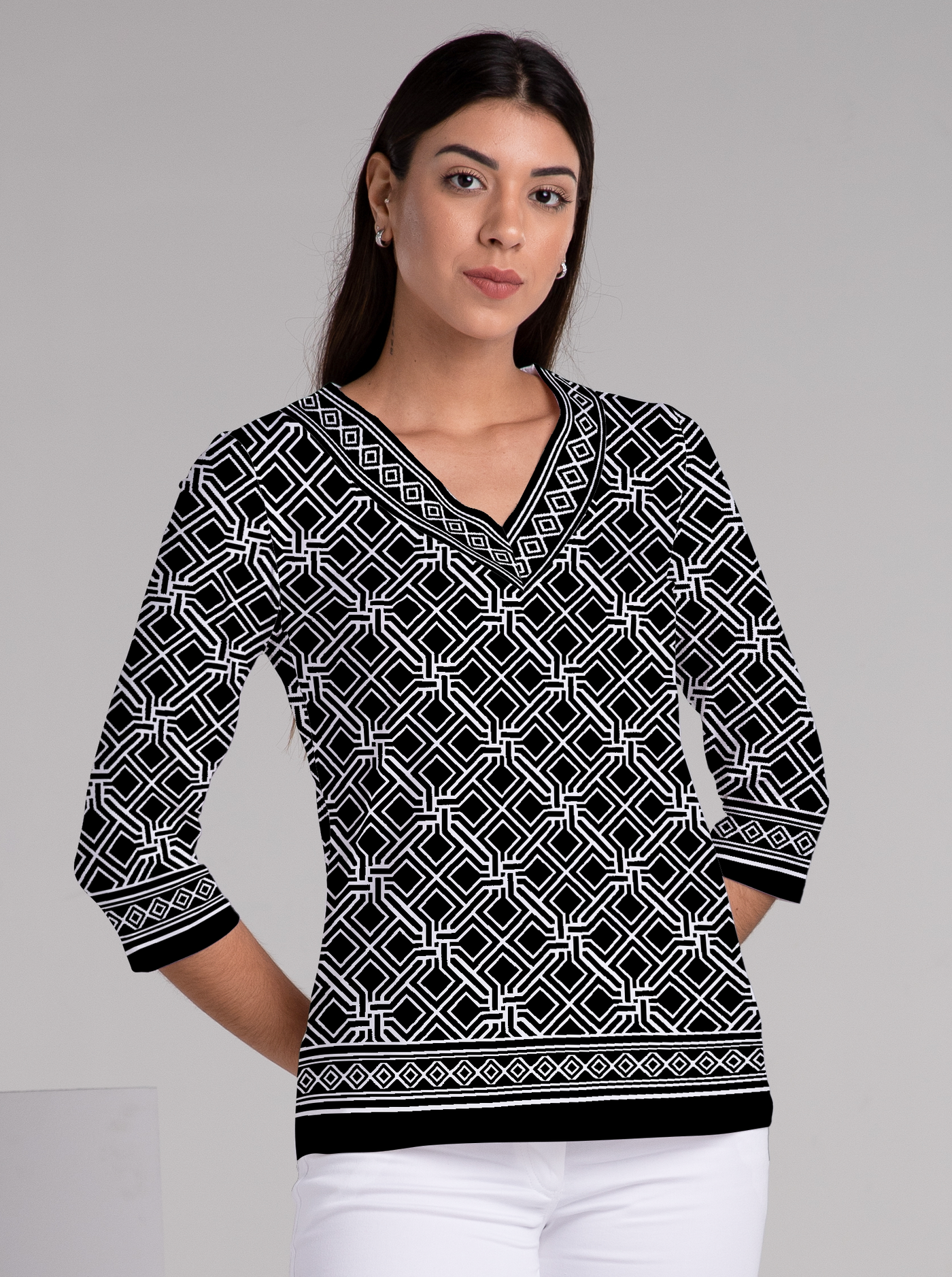 Messina Print Cotton Knit 3/4 Sleeve V-Neck Top
