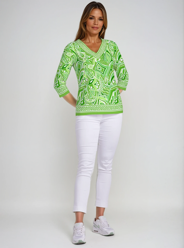 Historia Print Cotton Knit 3/4 Sleeve V-Neck Top