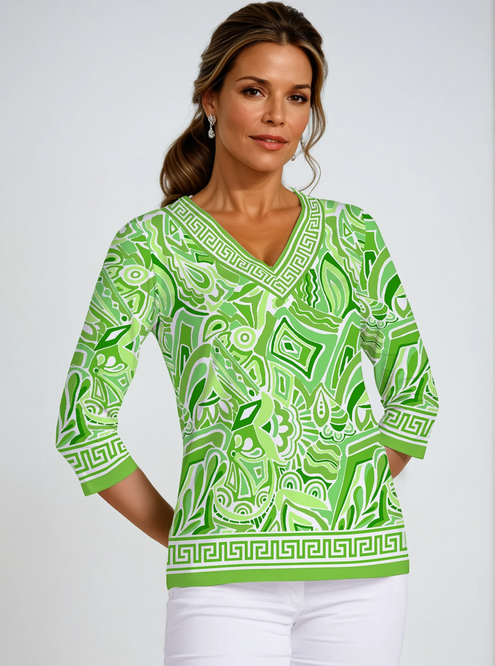 Historia Print Cotton Knit 3/4 Sleeve V-Neck Top