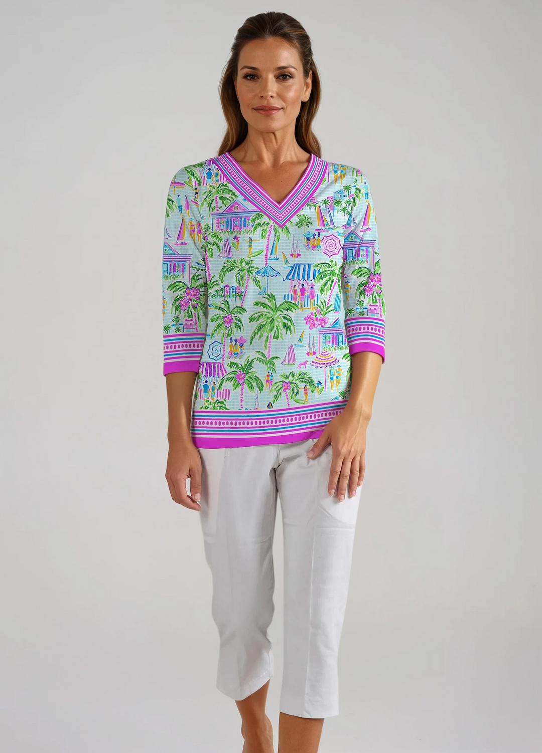 Lifestyle Print Cotton Knit 3/4 Sleeve V-Neck Top