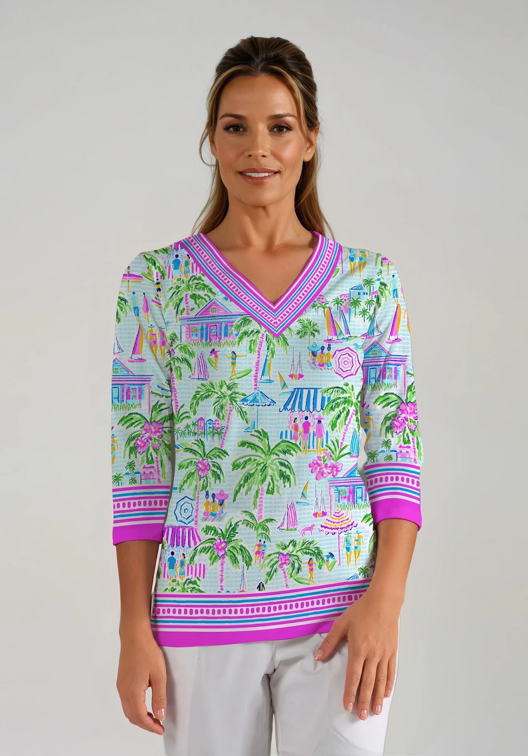 Lifestyle Print Cotton Knit 3/4 Sleeve V-Neck Top