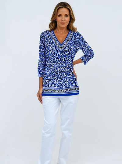 Cat Country Print Cotton Knit Sleeve V-Neck Top