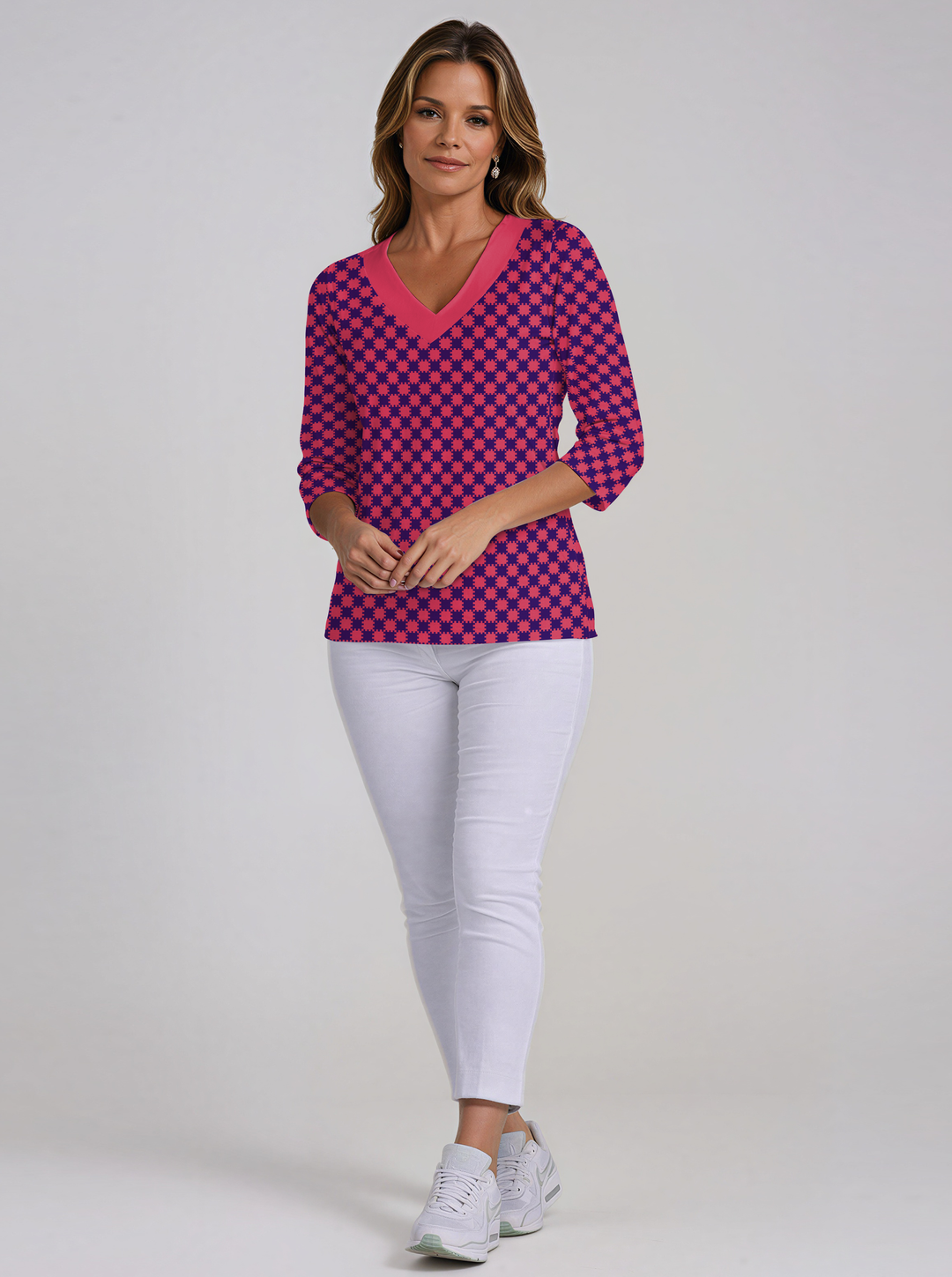 Checkboard Print Cotton Knit 3/4 Sleeve V-Neck Top