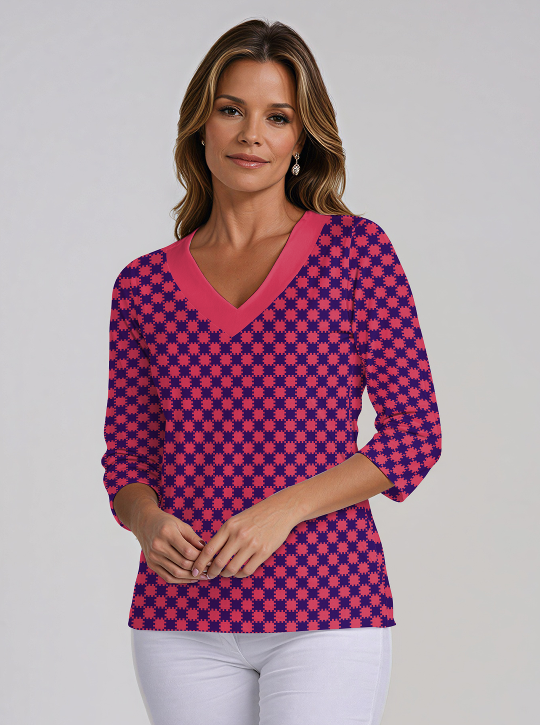Checkboard Print Cotton Knit 3/4 Sleeve V-Neck Top
