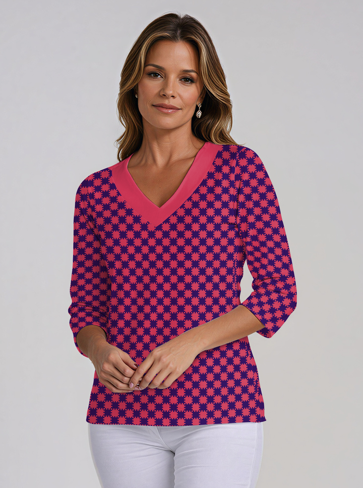 Checkboard Print Cotton Knit 3/4 Sleeve V-Neck Top