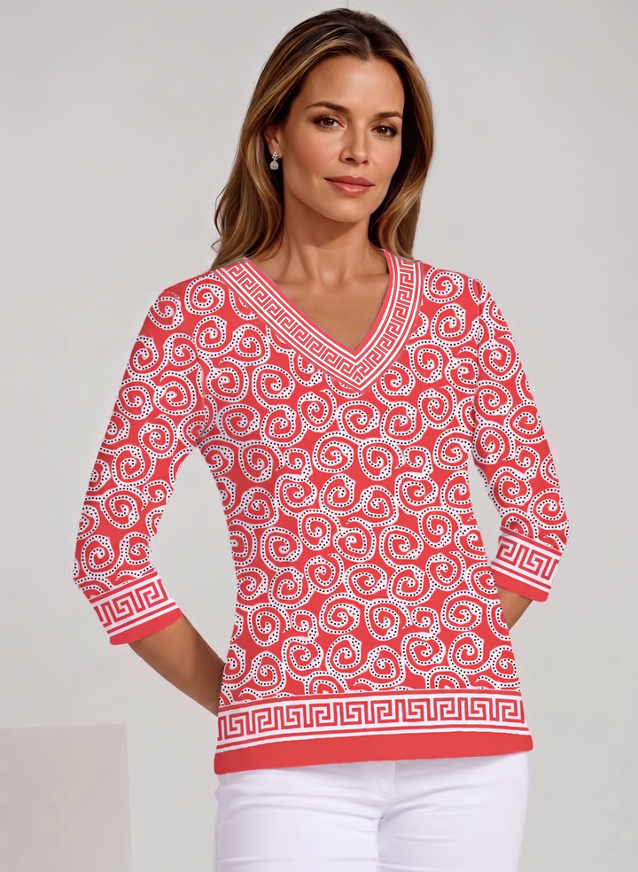 Dotted Swirl Print Cotton Knit 3/4 Sleeve V-Neck Top