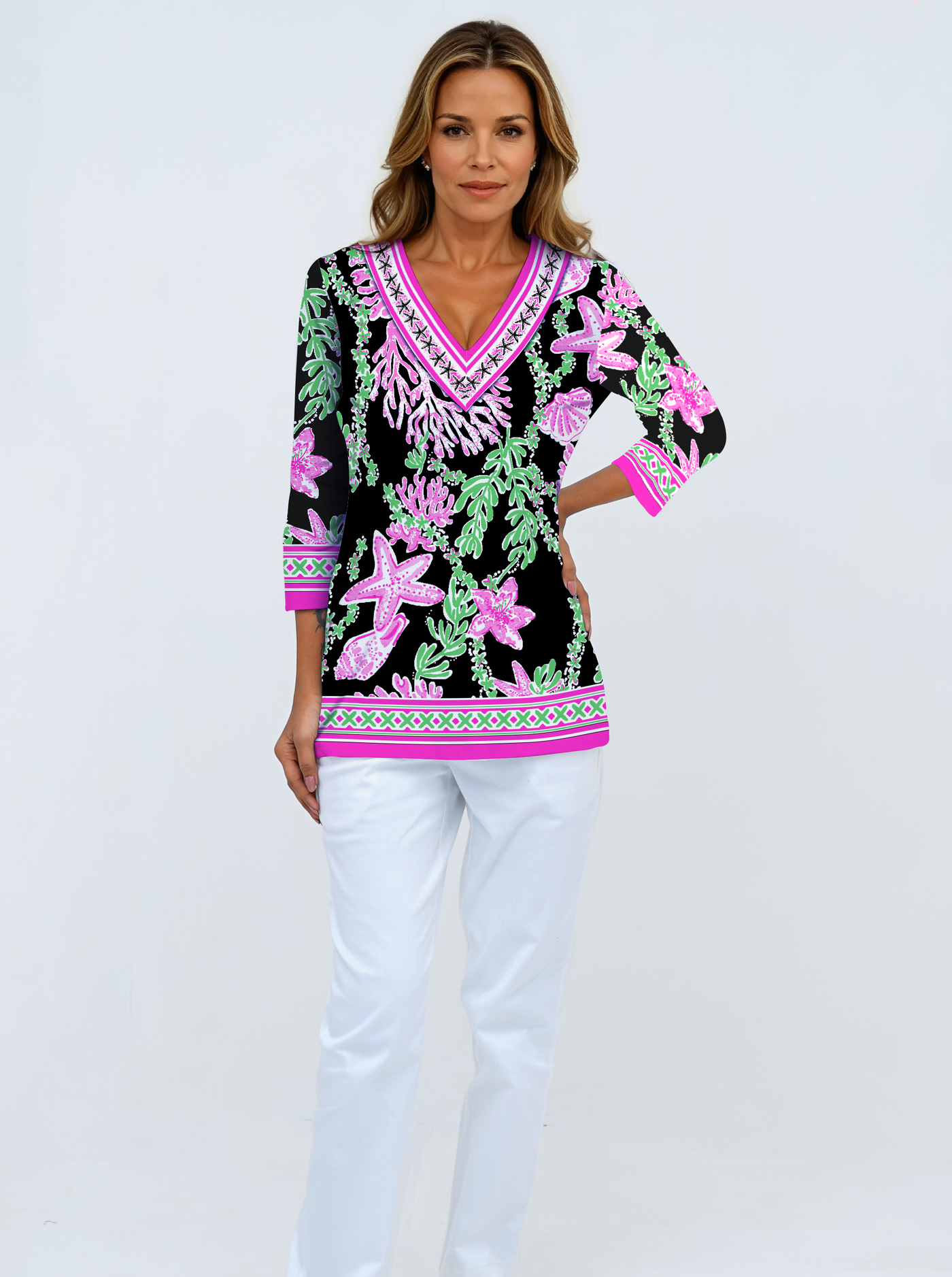 Bermuda Reef Print Cotton Knit 3/4 Sleeve V-Neck Top