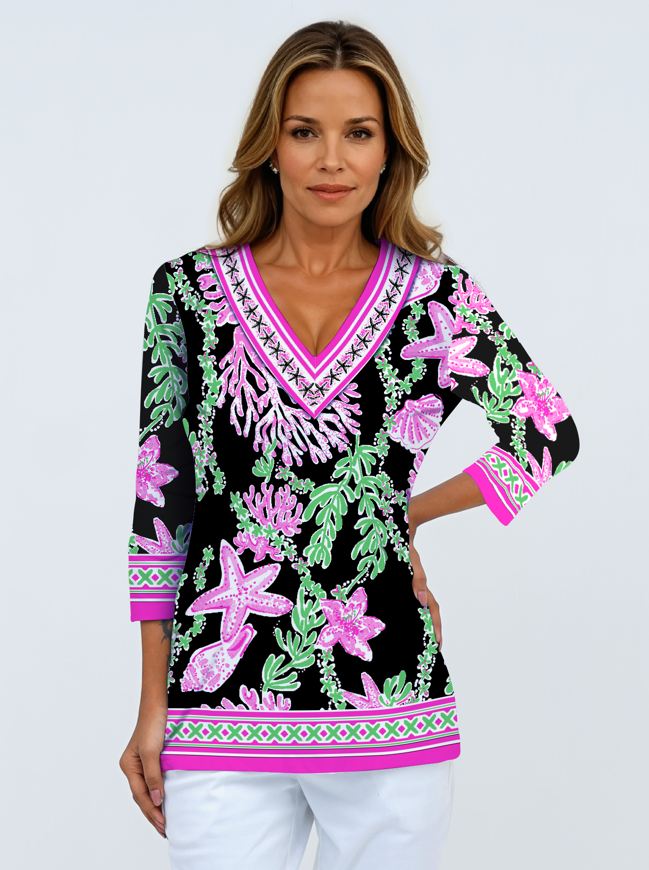 Bermuda Reef Print Cotton Knit 3/4 Sleeve V-Neck Top