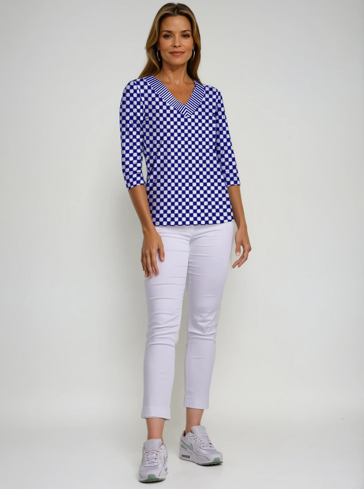 Checkboard Print Cotton Knit 3/4 Sleeve V-Neck Top