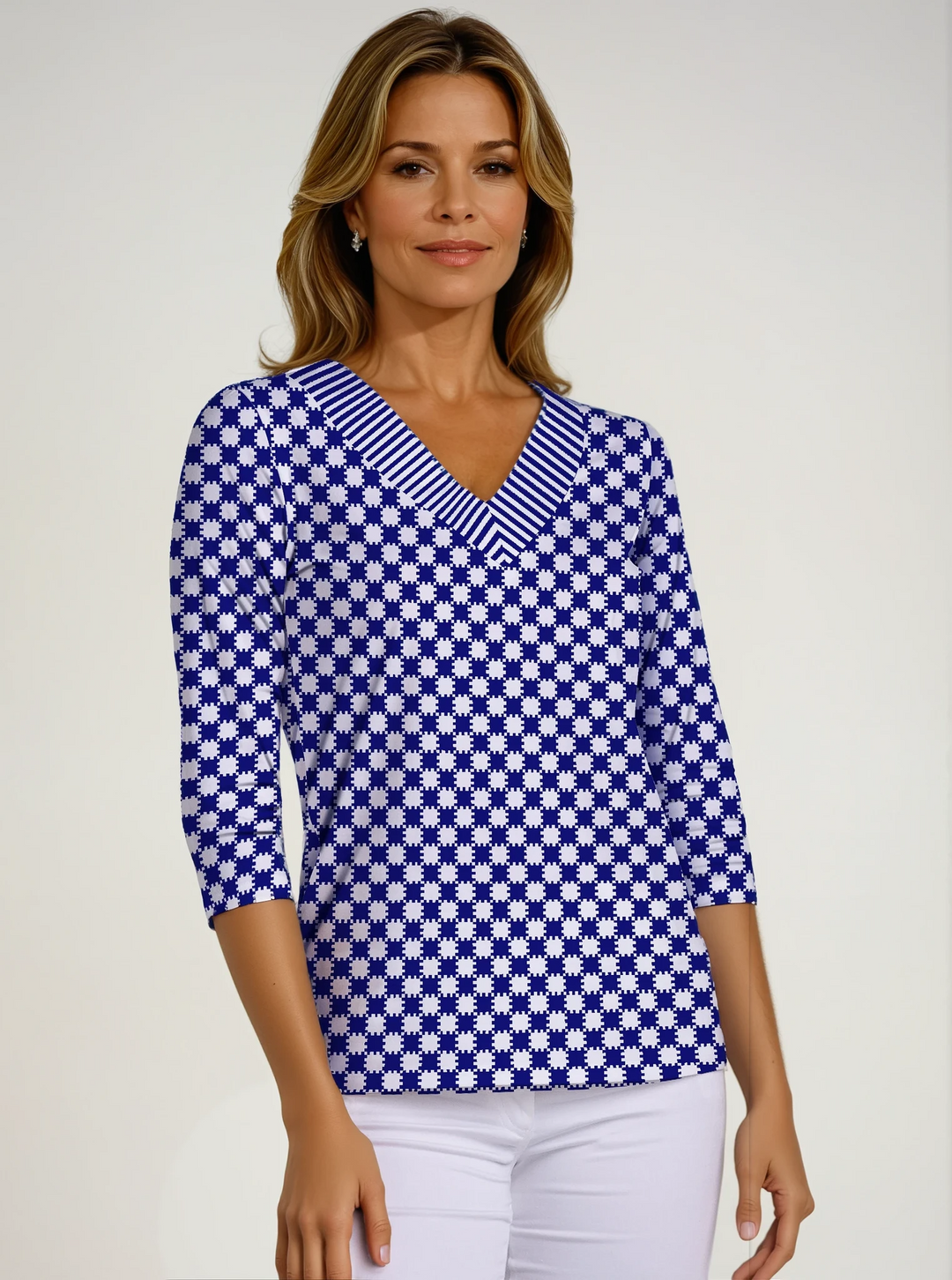 Checkboard Print Cotton Knit 3/4 Sleeve V-Neck Top