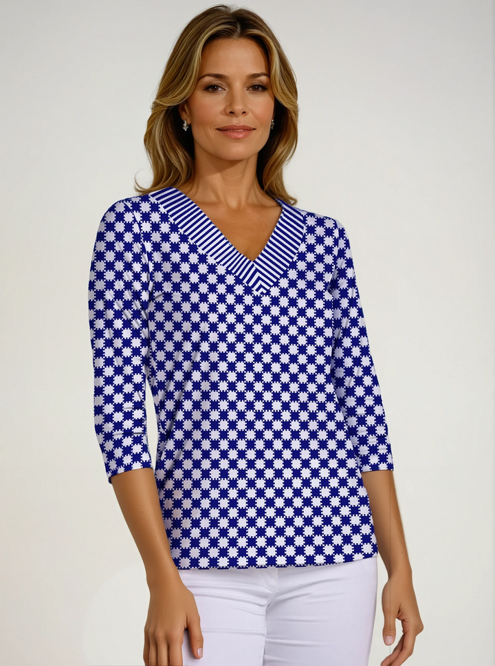 Checkboard Print Cotton Knit 3/4 Sleeve V-Neck Top