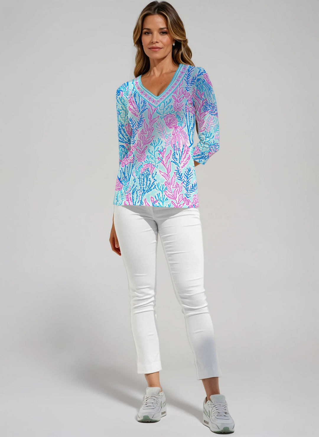 Deep Sea Print Cotton Knit 3/4 Sleeve V-Neck Top