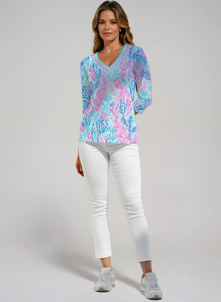 Deep Sea Print Cotton Knit 3/4 Sleeve V-Neck Top
