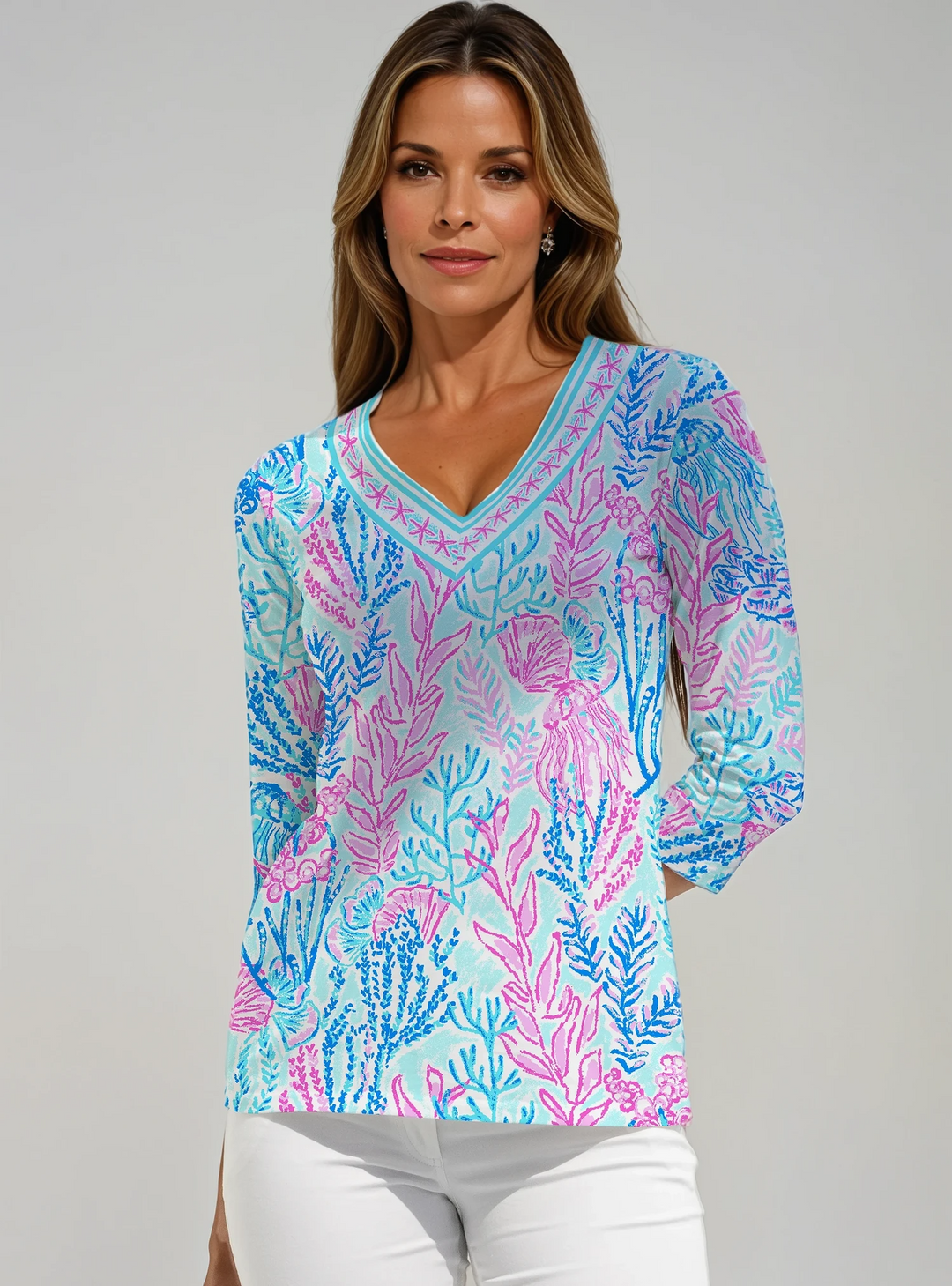 Deep Sea Print Cotton Knit 3/4 Sleeve V-Neck Top