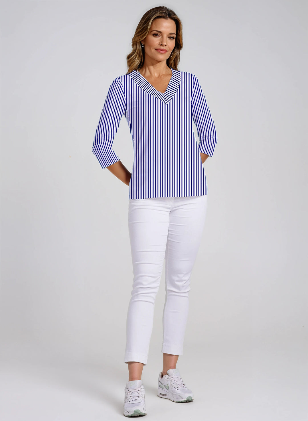Vertical Stripe Print Cotton Knit 3/4 Sleeve V-Neck Top