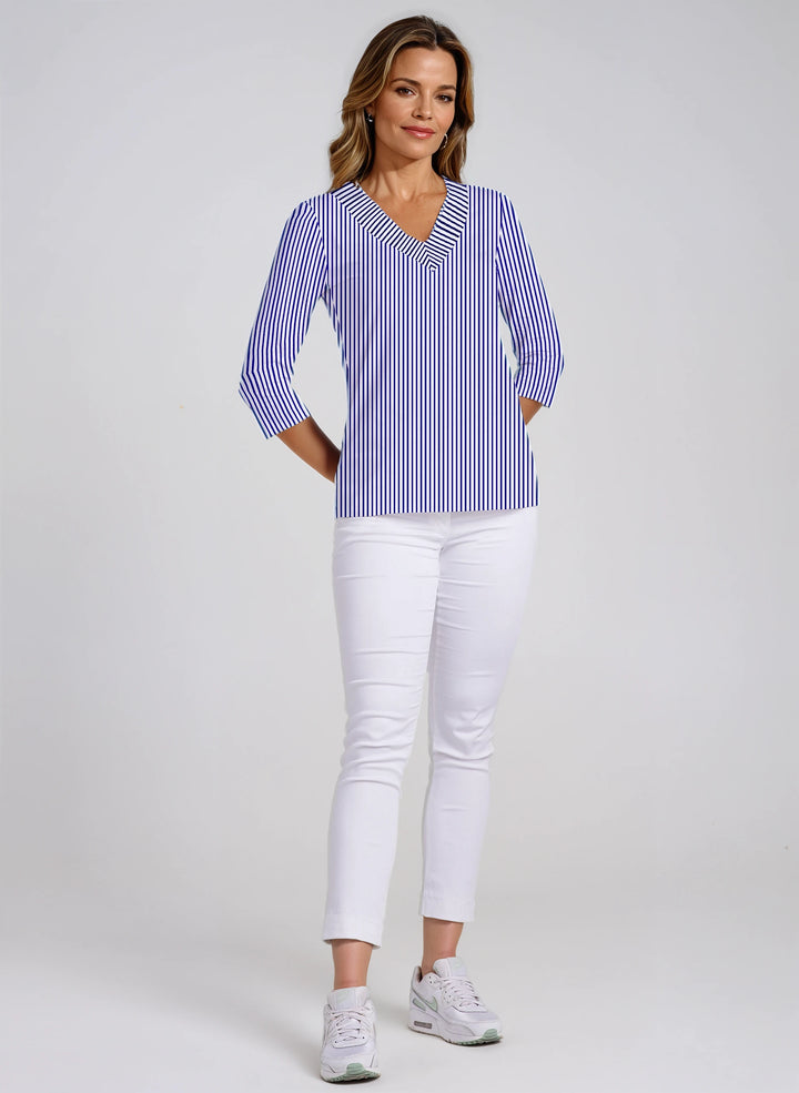 Vertical Stripe Print Cotton Knit 3/4 Sleeve V-Neck Top