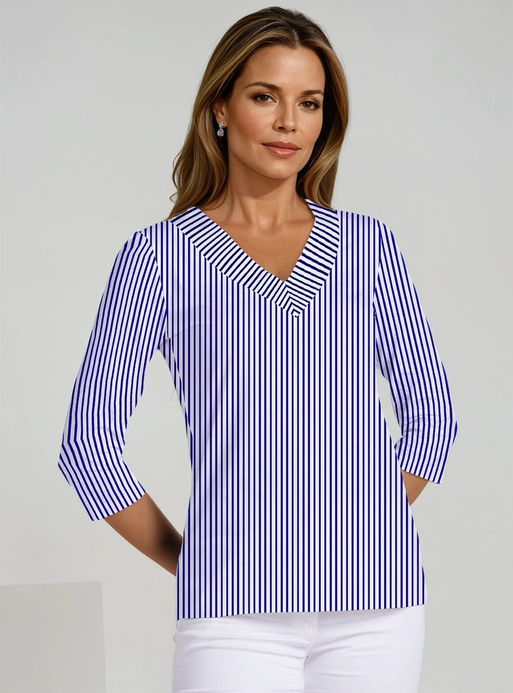 Vertical Stripe Print Cotton Knit 3/4 Sleeve V-Neck Top
