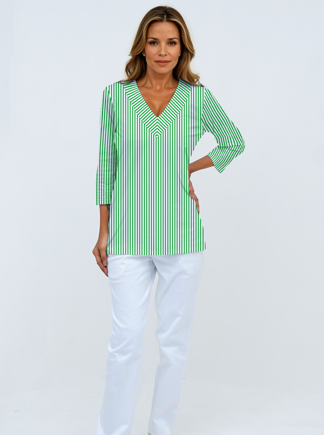 Vertical Stripe Print Cotton Knit 3/4 Sleeve V-Neck Top