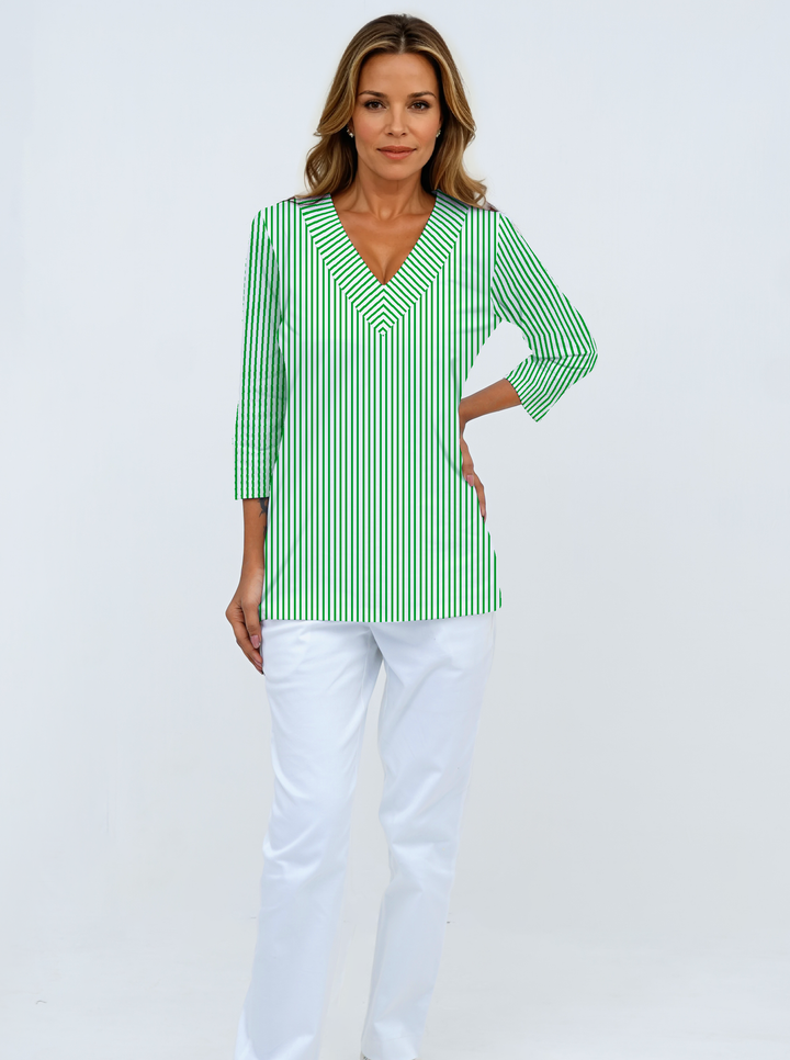 Vertical Stripe Print Cotton Knit 3/4 Sleeve V-Neck Top