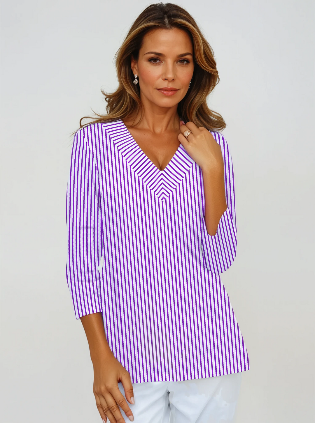 Vertical Stripe Print Cotton Knit 3/4 Sleeve V-Neck Top