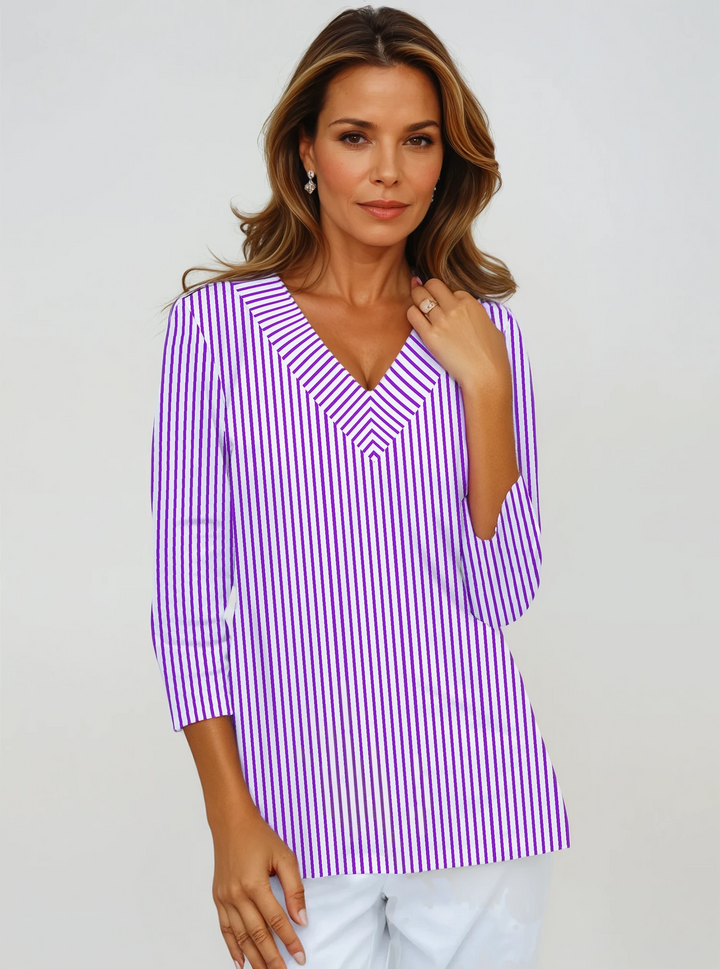 Vertical Stripe Print Cotton Knit 3/4 Sleeve V-Neck Top