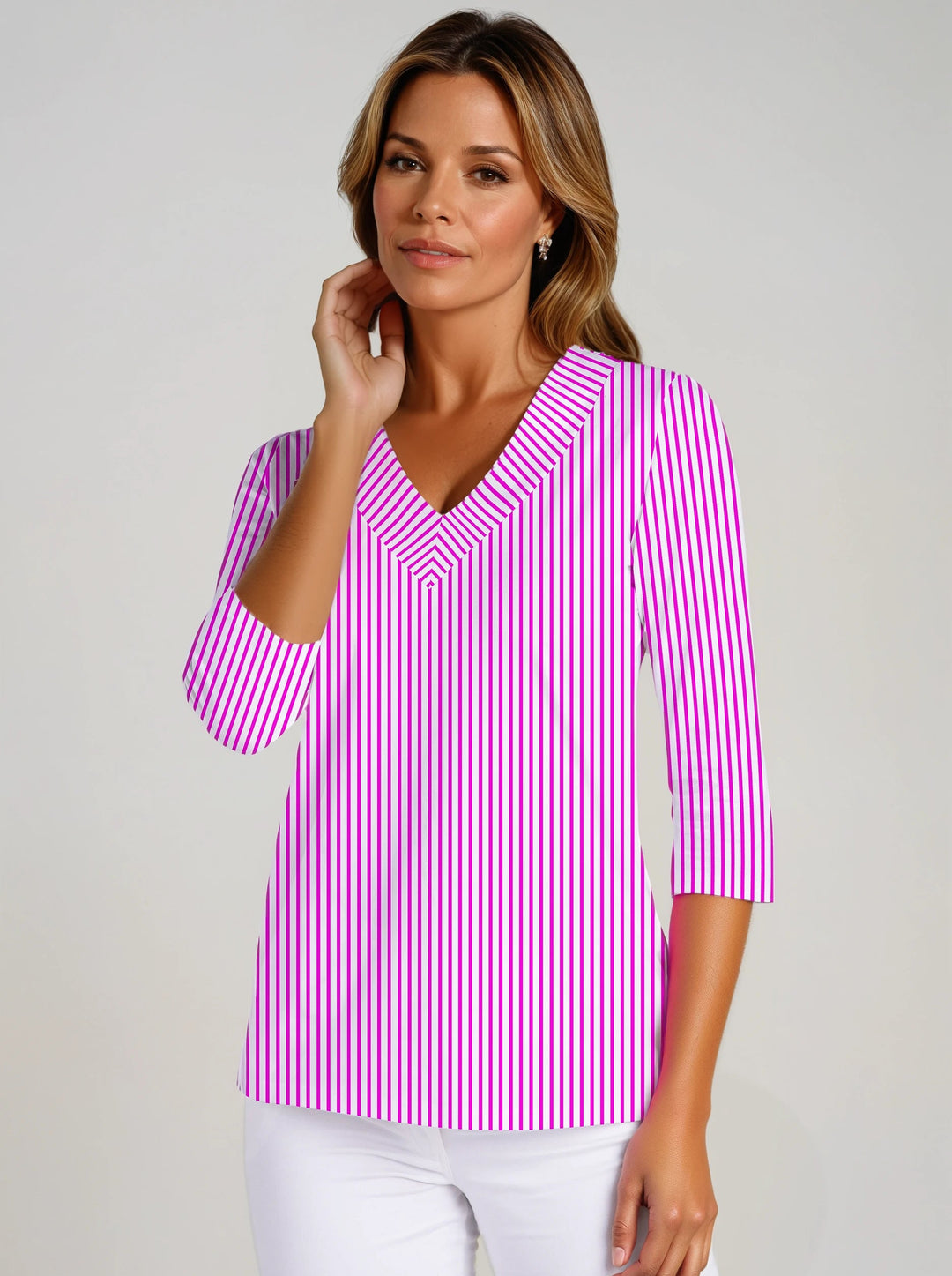 Vertical Stripe Print Cotton Knit 3/4 Sleeve V-Neck Top