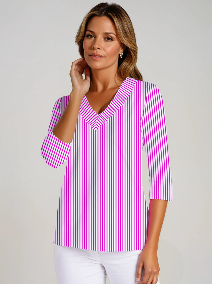Vertical Stripe Print Cotton Knit 3/4 Sleeve V-Neck Top