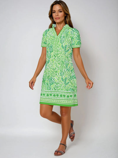 Deep Sea Print Cotton Knit Short Sleeve V-Neck Placket Dress
