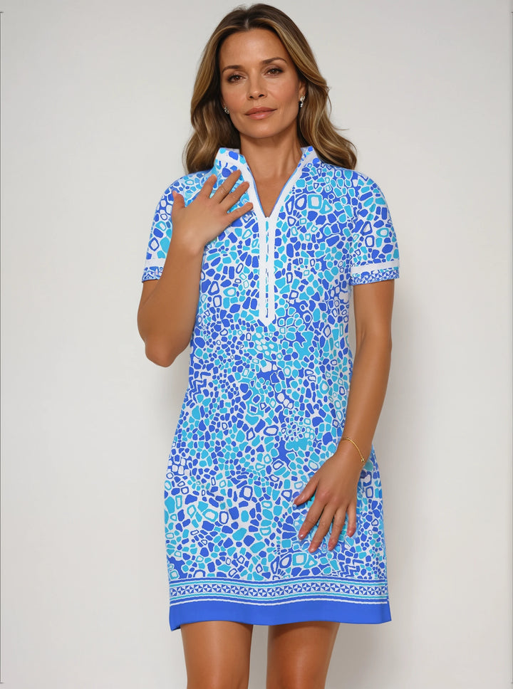 Celeste Print Cotton Knit Short Sleeve V-Neck Placket Dress  (Slim Fit)